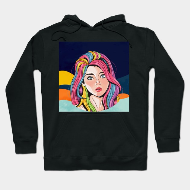 Look of innocence, Beautiful girl face with blue eyes and full color unicorn rainbow hair Art Print Hoodie by Modern Art